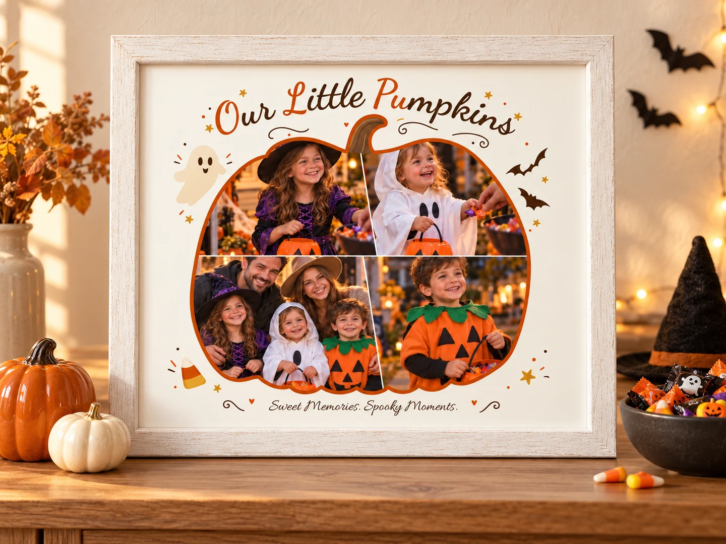 White-framed Halloween pumpkin collage on an oak console with candy, small pumpkins, a witch hat and warm fairy lights